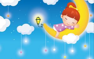 Preview wallpaper moon, girl, sky, sleep, childhood