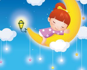 Preview wallpaper moon, girl, sky, sleep, childhood