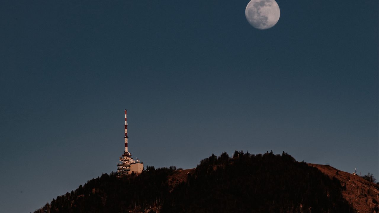 Wallpaper moon, hill, tower, trees
