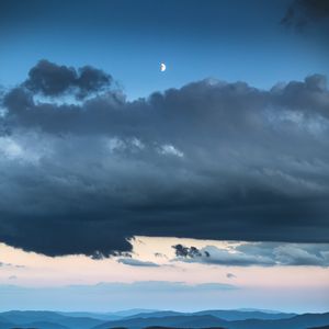 Preview wallpaper moon, hills, fog, distance, clouds