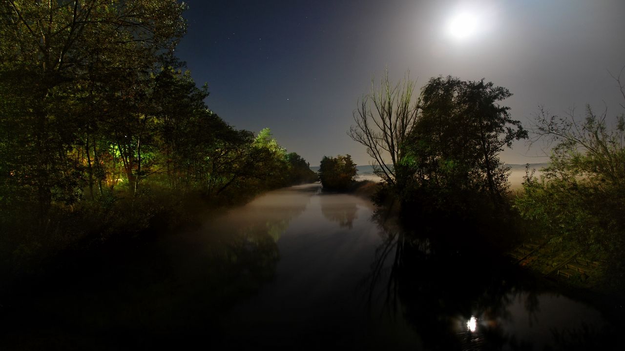 Wallpaper moon, light, night, darkness, river, trees, water