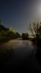 Preview wallpaper moon, light, night, darkness, river, trees, water