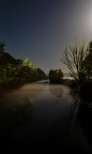 Preview wallpaper moon, light, night, darkness, river, trees, water