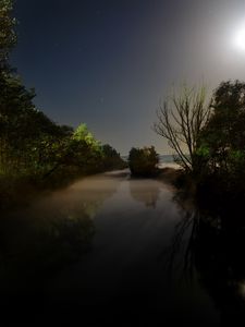 Preview wallpaper moon, light, night, darkness, river, trees, water