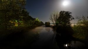 Preview wallpaper moon, light, night, darkness, river, trees, water