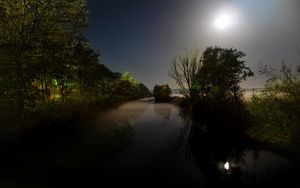 Preview wallpaper moon, light, night, darkness, river, trees, water