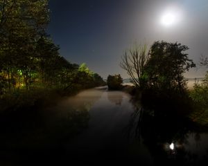 Preview wallpaper moon, light, night, darkness, river, trees, water