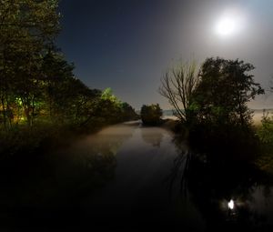 Preview wallpaper moon, light, night, darkness, river, trees, water