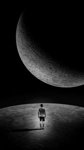 Preview wallpaper moon, man, loneliness, space, extraterrestrial, dark, black and white