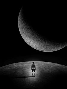 Preview wallpaper moon, man, loneliness, space, extraterrestrial, dark, black and white