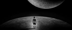 Preview wallpaper moon, man, loneliness, space, extraterrestrial, dark, black and white