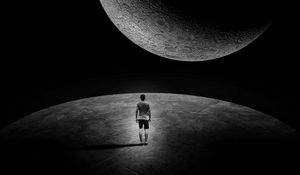 Preview wallpaper moon, man, loneliness, space, extraterrestrial, dark, black and white