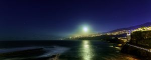 Preview wallpaper moon, moonlight, sea, city, lights, night