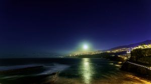 Preview wallpaper moon, moonlight, sea, city, lights, night