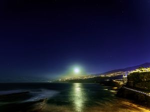 Preview wallpaper moon, moonlight, sea, city, lights, night