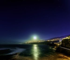 Preview wallpaper moon, moonlight, sea, city, lights, night