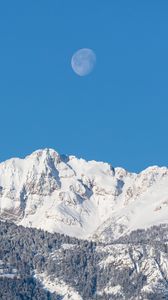 Preview wallpaper moon, mountains, forest, snow, snowy