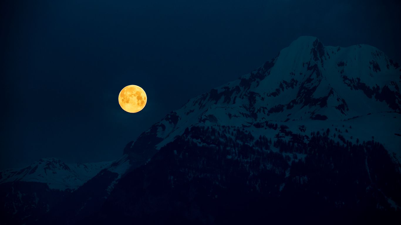Download wallpaper 1366x768 moon, mountains, night, full moon, moonlight  tablet, laptop hd background