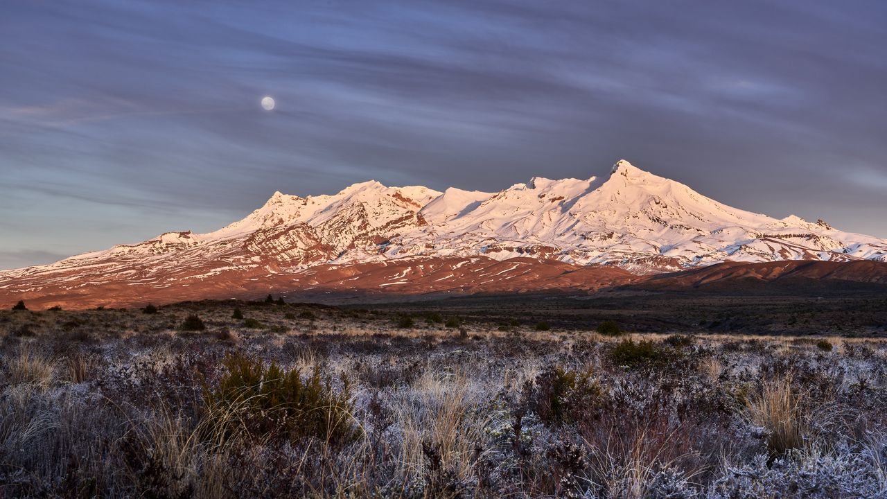 Wallpaper moon, mountains, peak, snow, snowy, grass