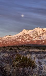 Preview wallpaper moon, mountains, peak, snow, snowy, grass