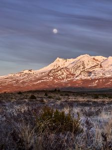 Preview wallpaper moon, mountains, peak, snow, snowy, grass