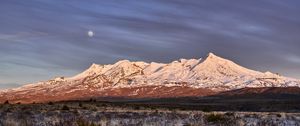 Preview wallpaper moon, mountains, peak, snow, snowy, grass