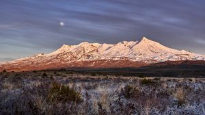 Preview wallpaper moon, mountains, peak, snow, snowy, grass