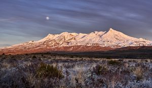 Preview wallpaper moon, mountains, peak, snow, snowy, grass