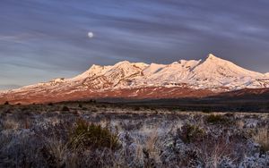 Preview wallpaper moon, mountains, peak, snow, snowy, grass