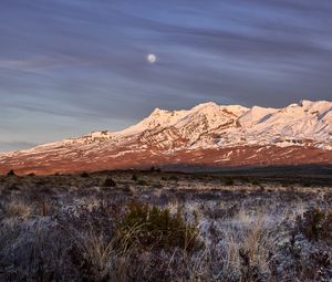 Preview wallpaper moon, mountains, peak, snow, snowy, grass