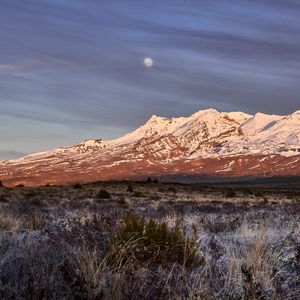 Preview wallpaper moon, mountains, peak, snow, snowy, grass