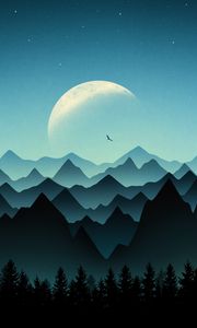 Preview wallpaper moon, mountains, peaks, trees, art