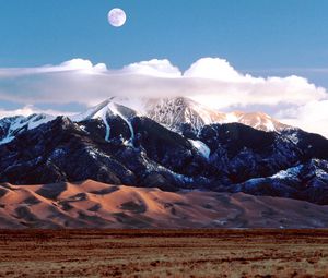 Preview wallpaper moon, mountains, sand, field
