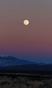 Preview wallpaper moon, mountains, snowy, field, evening