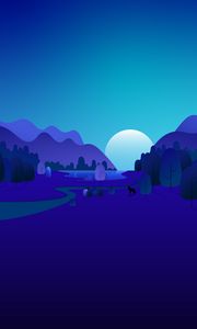 Preview wallpaper moon, mountains, trees, vector, cartoon, art, blue