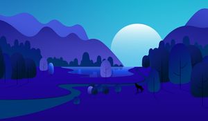 Preview wallpaper moon, mountains, trees, vector, cartoon, art, blue