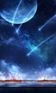 Preview wallpaper moon, nebula, lights, particles, fence