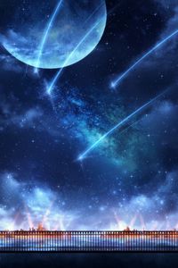 Preview wallpaper moon, nebula, lights, particles, fence