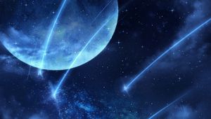 Preview wallpaper moon, nebula, lights, particles, fence