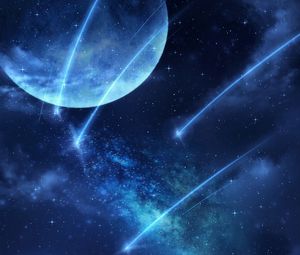 Preview wallpaper moon, nebula, lights, particles, fence