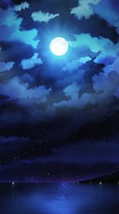 Preview wallpaper moon, night, clouds, sea, horizon, stars