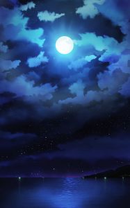 Preview wallpaper moon, night, clouds, sea, horizon, stars