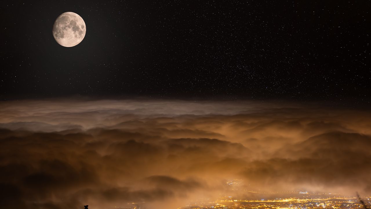 Wallpaper moon, night, clouds, city, lights