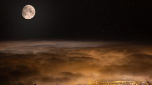 Preview wallpaper moon, night, clouds, city, lights