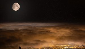Preview wallpaper moon, night, clouds, city, lights