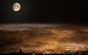 Preview wallpaper moon, night, clouds, city, lights