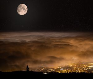 Preview wallpaper moon, night, clouds, city, lights