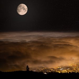 Preview wallpaper moon, night, clouds, city, lights