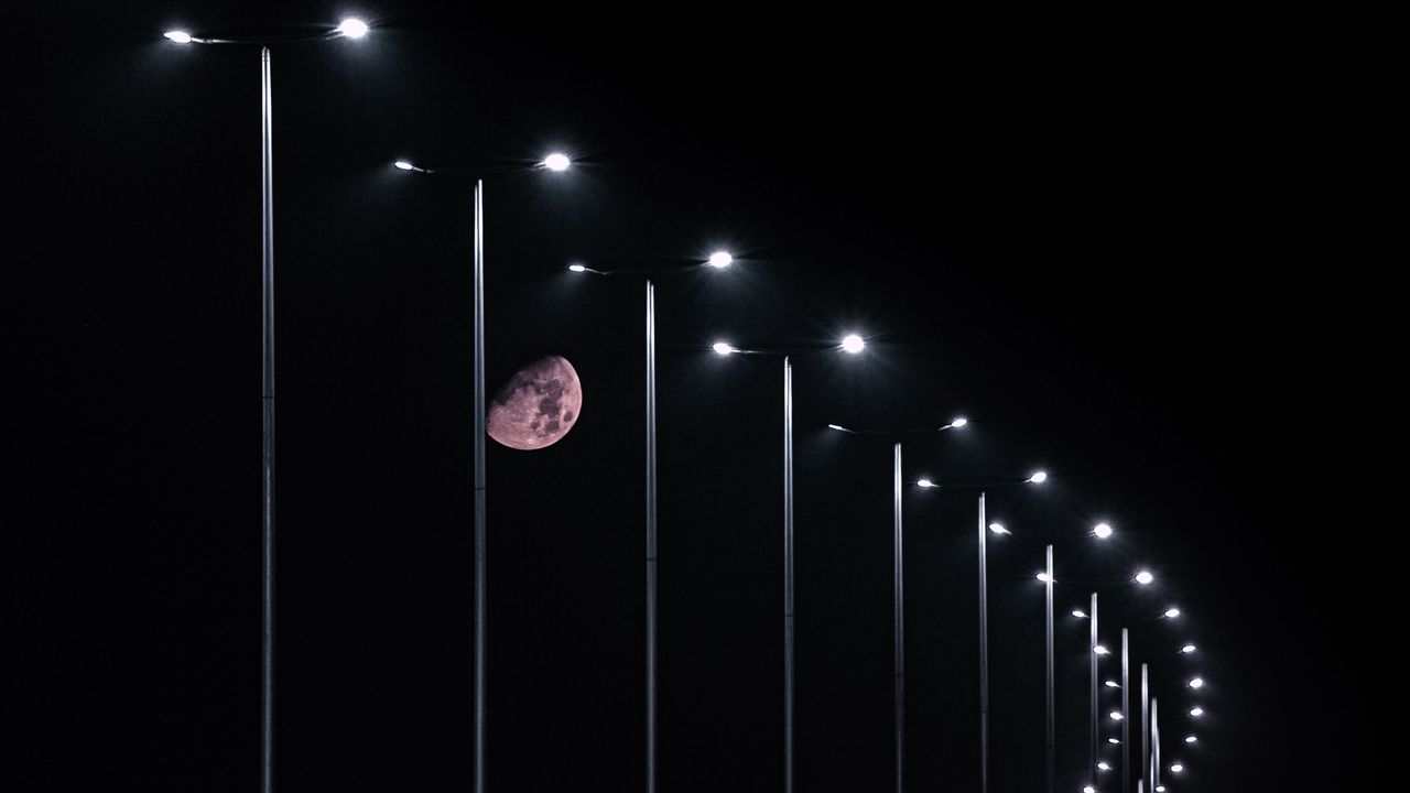 Wallpaper moon, night, lights, light, road, dark