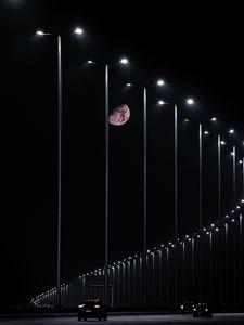 Preview wallpaper moon, night, lights, light, road, dark